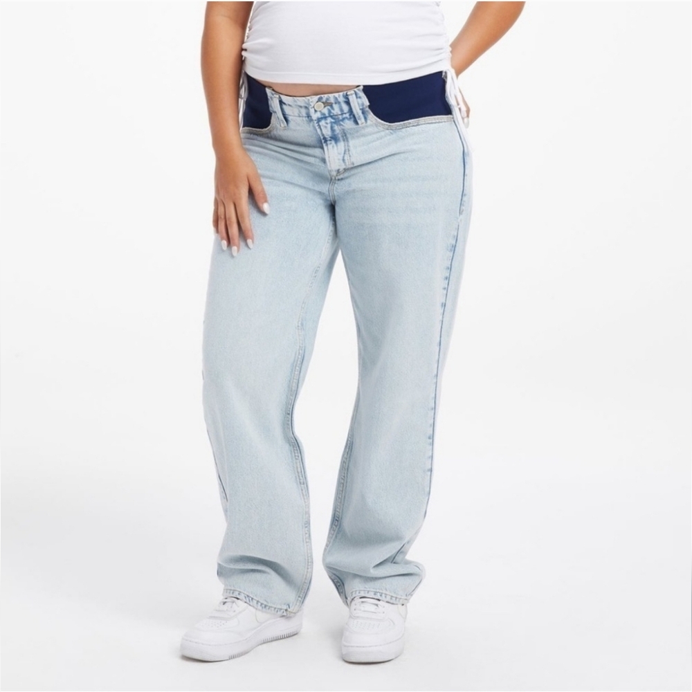 Good American Light Wash Flare Jeans with Dark Blue Waistband
